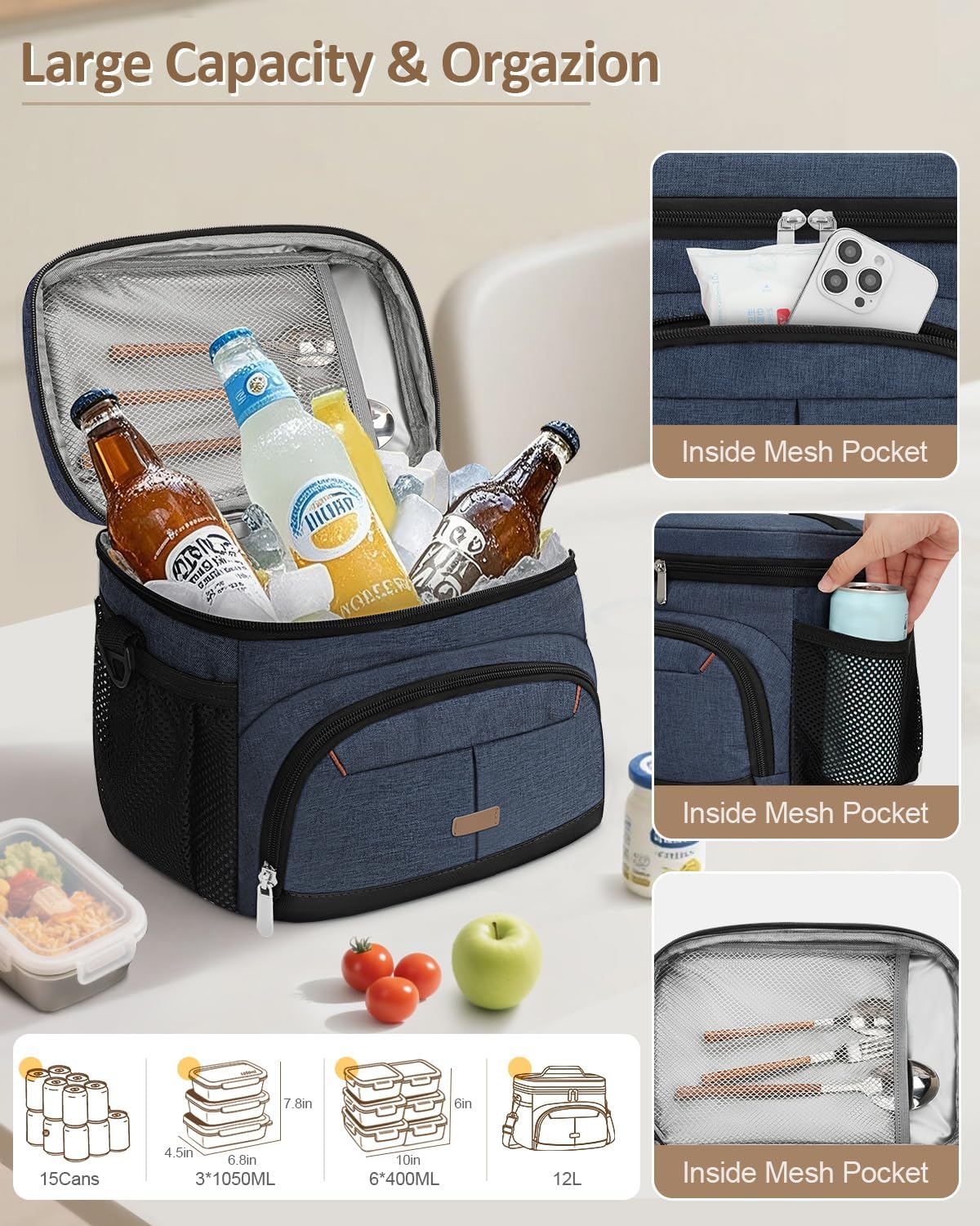 Lunch Box for Man Women, Insulated Lunch Bag Cooler Bag Leakproof Lunchbox Lunch Tote Bags with Removable Strap for Work School Picnic Travel (Blue/12L