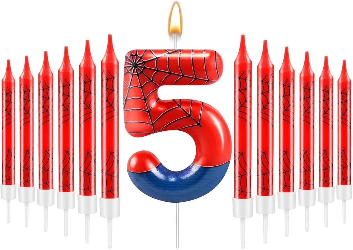 13 Pcs Spider Themed Birthday Candle Set Red Spider Theme Number 5 Candle Cake Topper for Boys Girls Birthday Decoration Spider Party Decoration Supplies (Number 5)