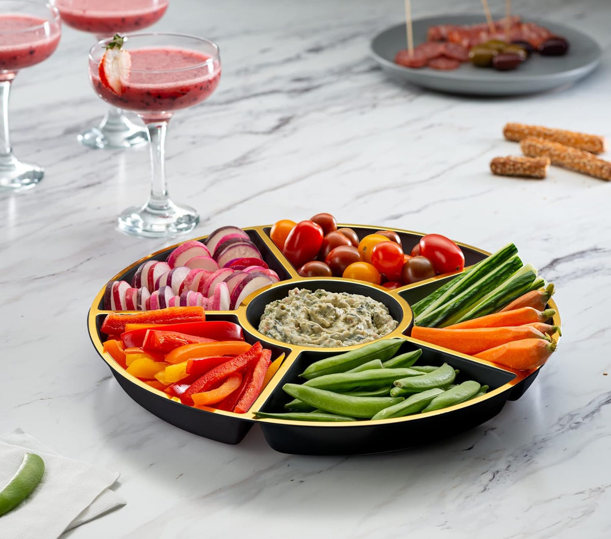 Plasticpro 6 Sectional Round Plastic Serving Tray/Platters Black & Gold Pack of 4