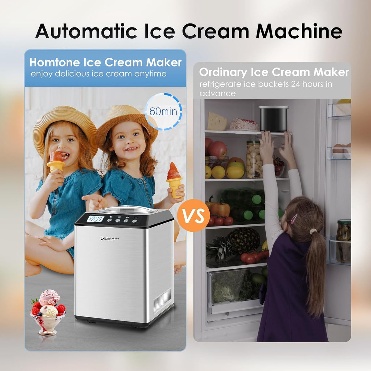 Homtone 2.64QT Ice Cream Maker with Compressor, Largest Capacity Automatic Ice Cream Maker Machine - No Pre Freezing, Gelato Maker with 3 Modes, LCD Digital Display, All Stainless Steel, 2H Keep Cool