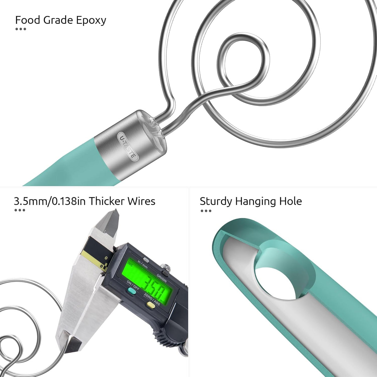 U-Taste 12.6in Danish Dough Whisk: 18/8 Stainless Steel Heavy-Duty Sourdough Mixer Tool, Food Grade Dutch Style Seamless Bread Wisk, Sturdy for Mixing, Stirring, Kneading Thick Batter (Aqua Sky)