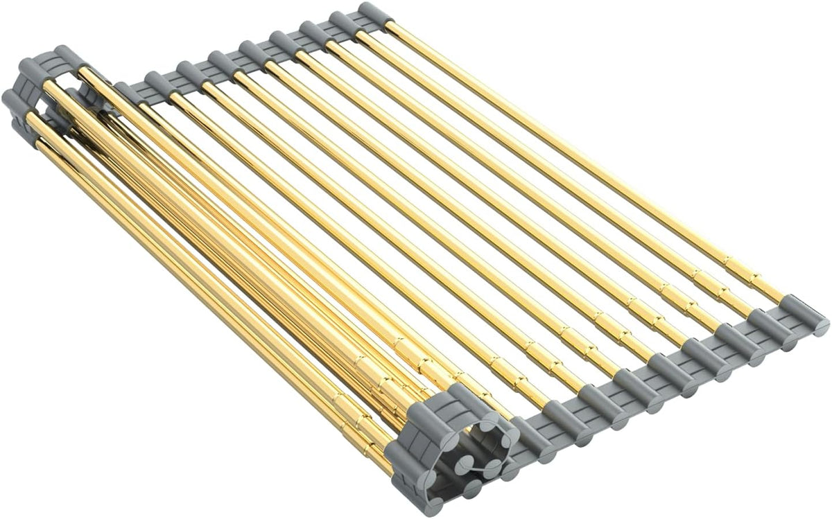 Expandable Large Draining Rack, Roll Up Heat-Resistant Dish Drainer for Stainless Steel Sinks, Collapsible Over The Sink Rack Non-Slip Silicone Rolling Up Rack Gold 18 Tube