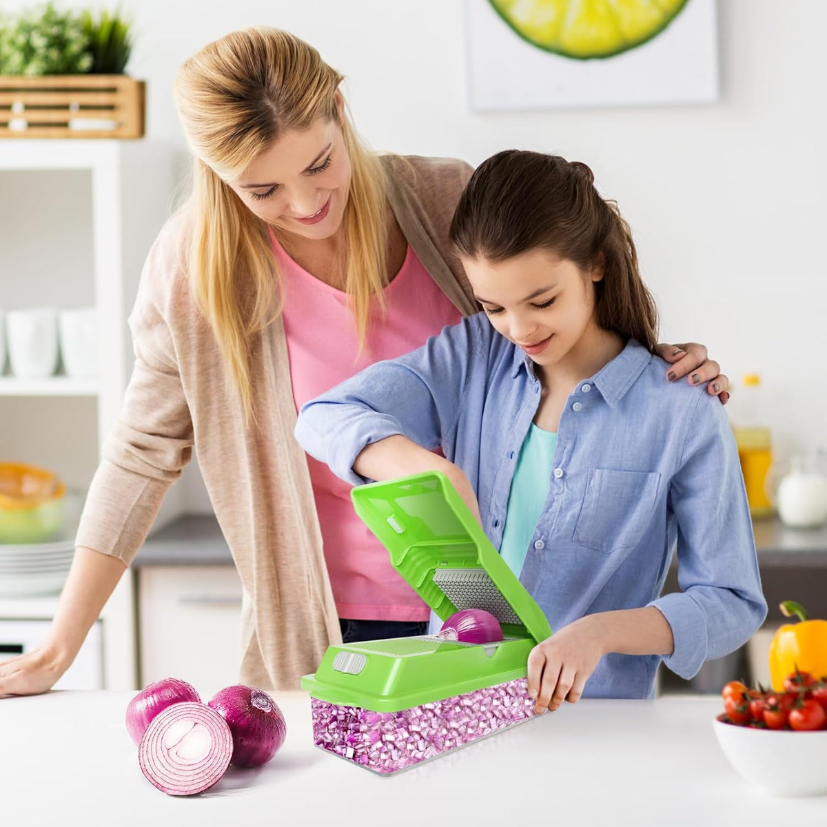 LHS Vegetable Chopper, Multifunctional Food Chopper, Pro Onion Chopper, Vegetable Slicer Dicer Cutter with 5 Blades, Veggie Chopper with Container(8-in-1,Green)