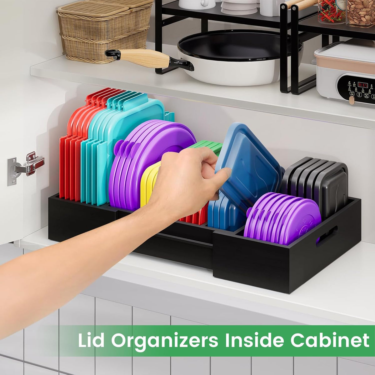 Expandable Bamboo Lid Organizers Inside Cabinet, Kitchen Cabinet Organizers with 3 Adjustable Dividers, Storage Plastic Lids, Food Container Lid Holder Organizer for Drawer Pantry, Black