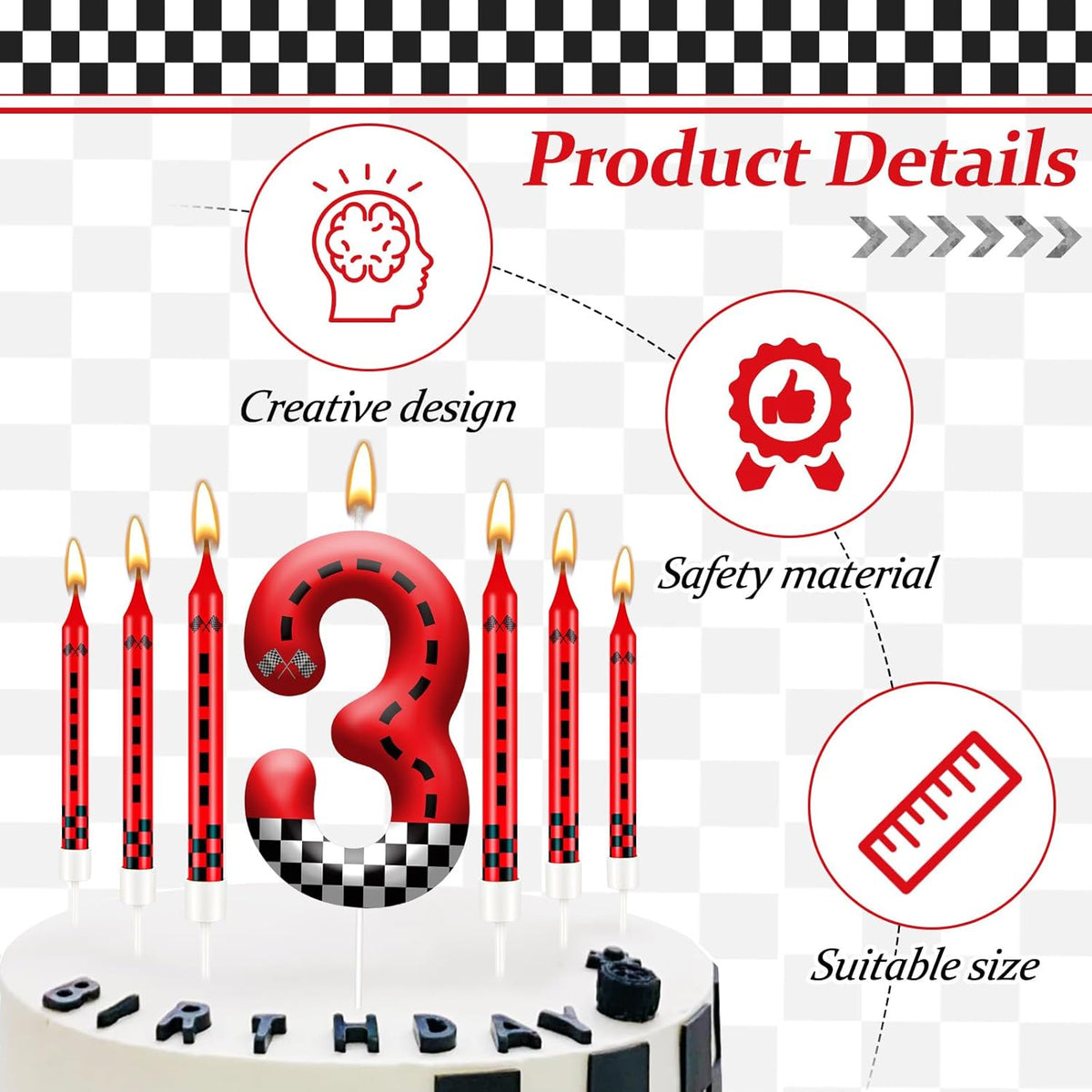 13PCS Racing Car Theme Birthday Candle Set with Checkered Flag Design - Durable Cake Topper for Race Car Party Decorations, Kids Birthday Supplies - Number 3 Candle for Racing-Themed Celebrations