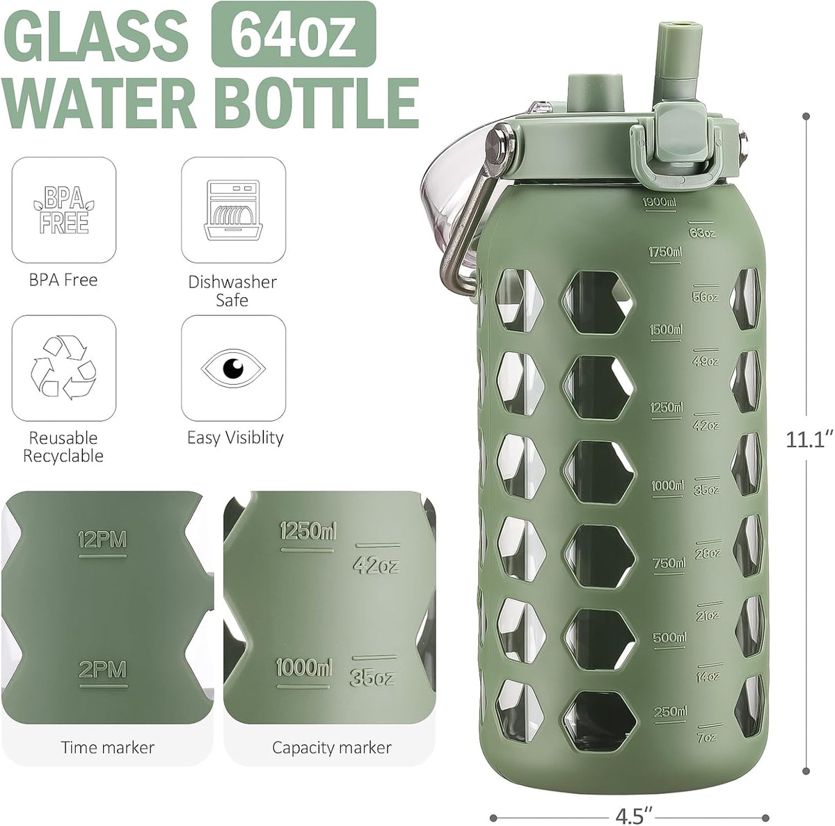 MUKOKO 64oz Glass Water Bottles with Straw and Lid,Half Gallon Water Bottle with Time Marker,Large Glass Water Jug with Silicone Sleeve and Stainless Steel Handle-Olive