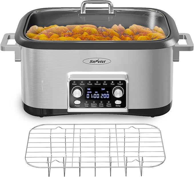 12 in 1 Programmable 8 Quart Slow Cooker, Multi-Cooker Food Warmer with Digital Timer, Temp Control, Removable Cast Aluminum Pot & Dishwasher-Safe Tempered Glass Lid, Stainless Steel
