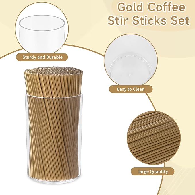 500 Pcs Gold Coffee Stirrers Holder Set Metallic Gold Coffee Stir Sticks Acrylic Stir Stick Holder Cocktail Straws Bar Straws Drink Stirrers for Coffee Bar Decor Juice Party Halloween Supplies