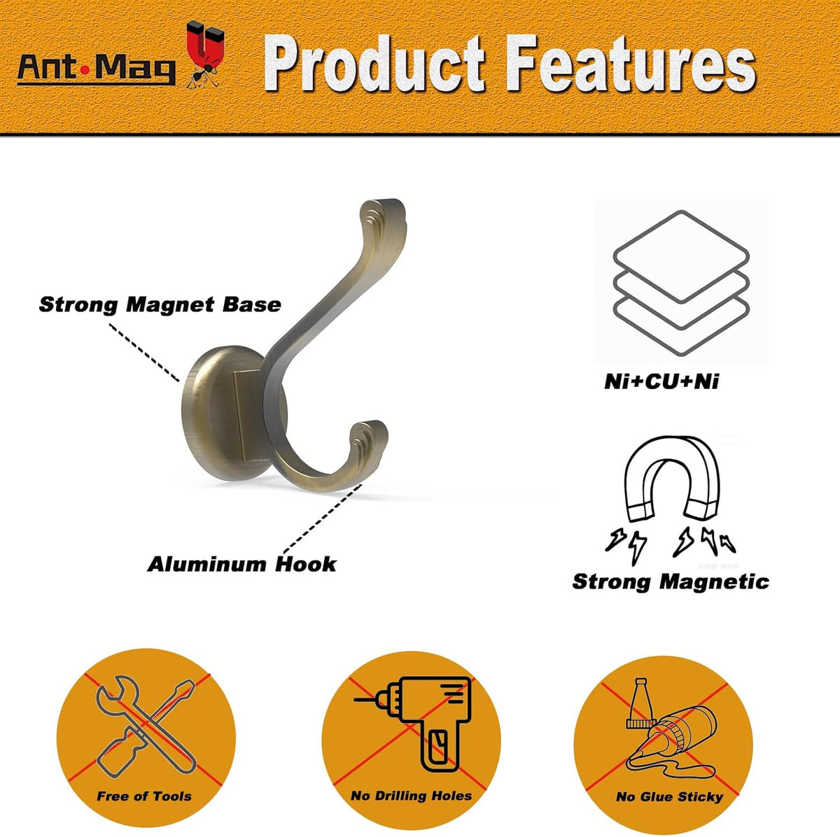 Ant Mag Magnet Hooks Heavy Duty 140lbs Neodymium Magnet Metal Wall Hooks for Hanging Coats Robes Backpacks Bags Hats Keys Mugs Cups Towels Bronze