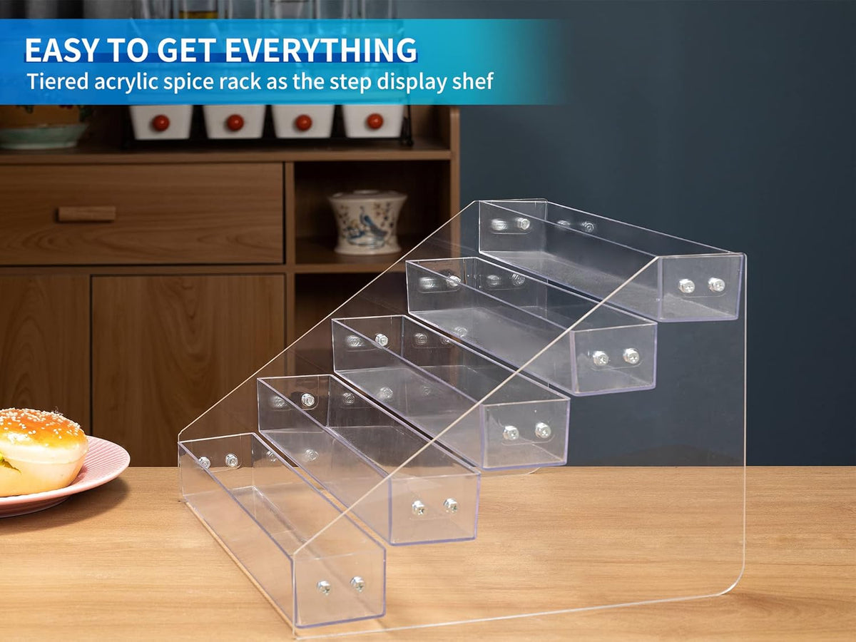 Acrylic Spice Rack, Tiered Spice Rack Shelf Seasoning Organizer for Countertop, Cabinet, Pantry, Kitchen Storage - 5 Tier, 2PCS