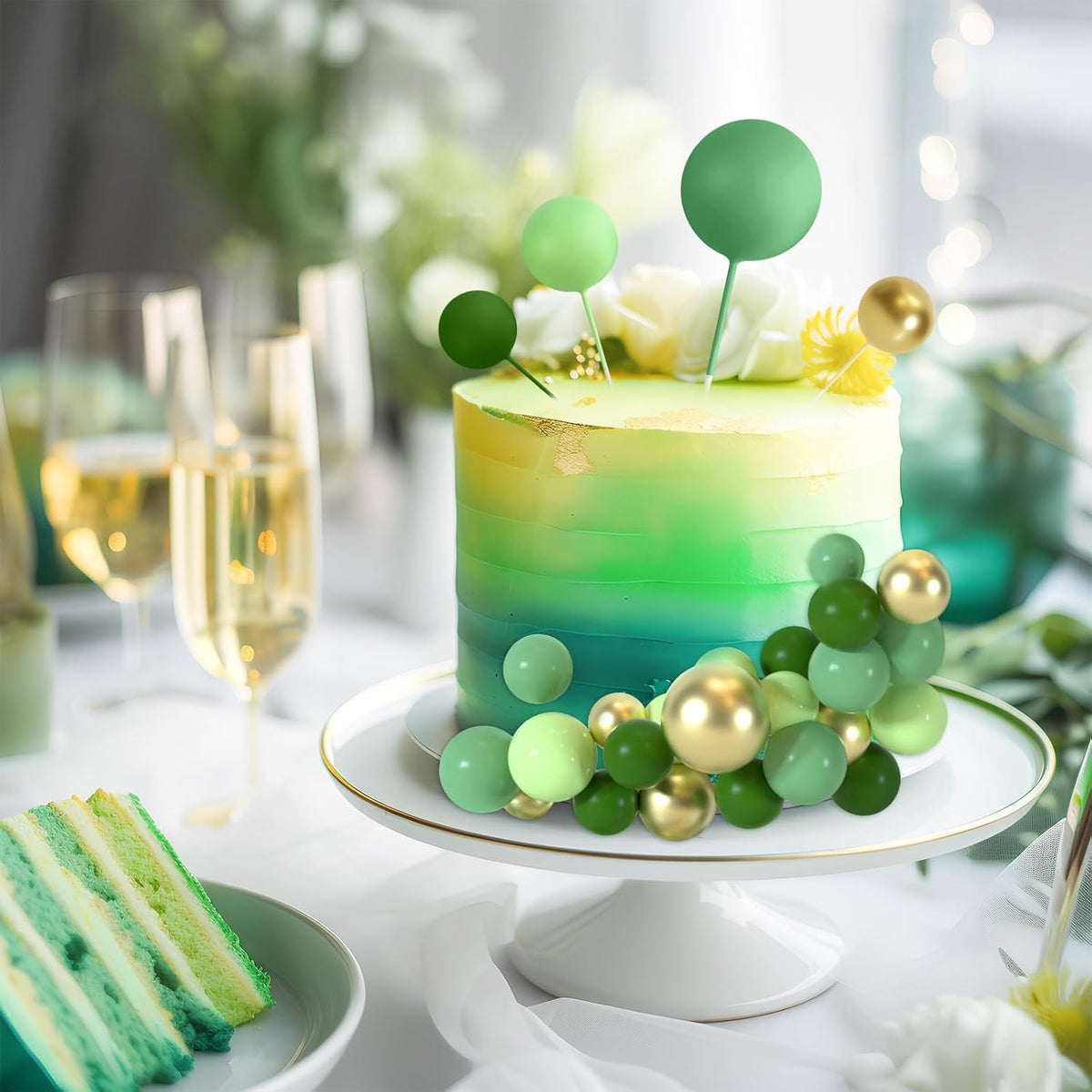48 Pcs Balls Cake Topper Decorations Balloon Cupcake Toppers Foam Cake Topper Balls Cake Balls Decorations for Birthday Party Cake Decorating (Green, Gold)