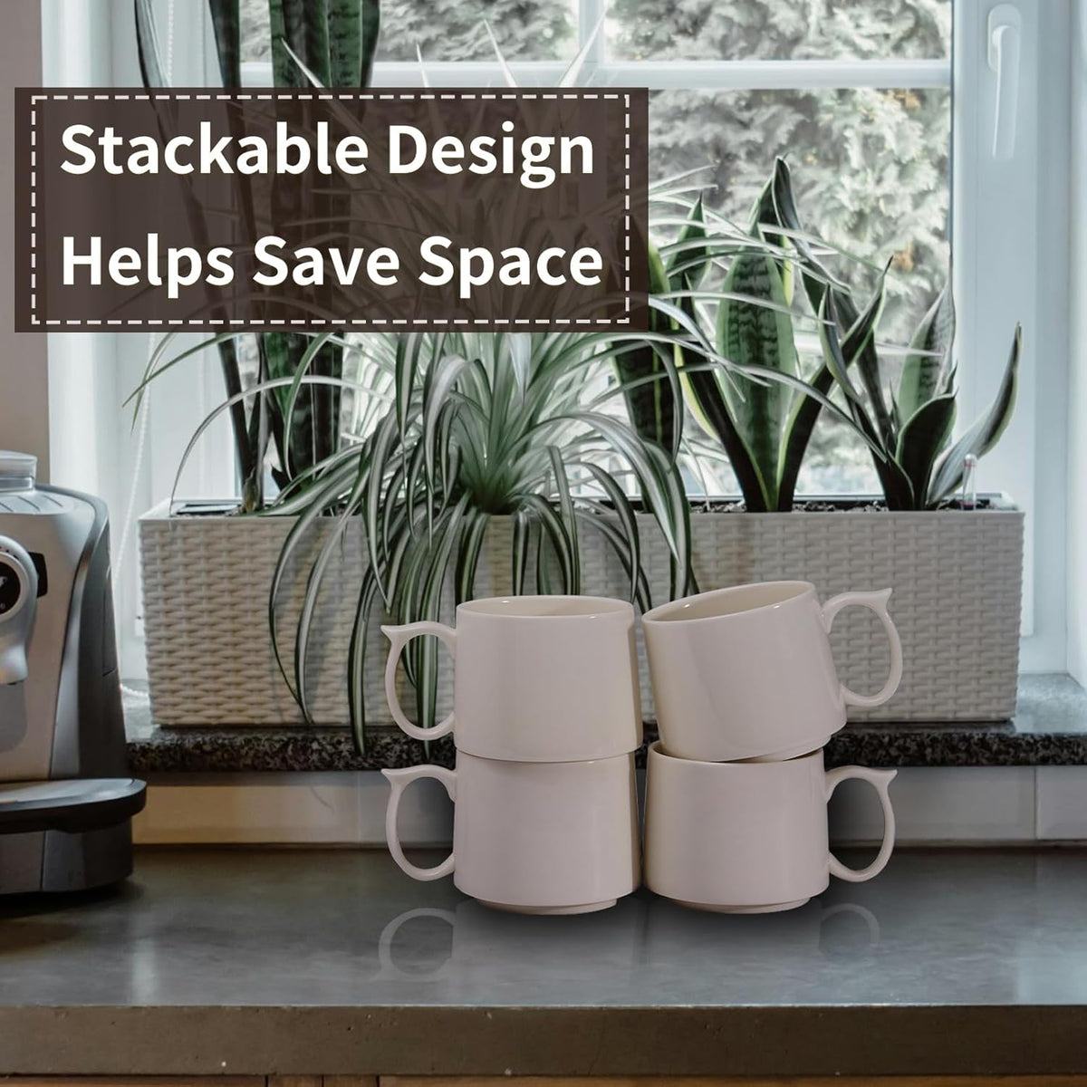 19 oz Large Coffee Mugs Set of 4, Stackable Ceramic Coffee Mugs with Large Handles for Coffee, Latte, Cappuccino, Milk, Dishwasher & Microwave Safe, Ideal for Men, Women, Dads and Moms (White)