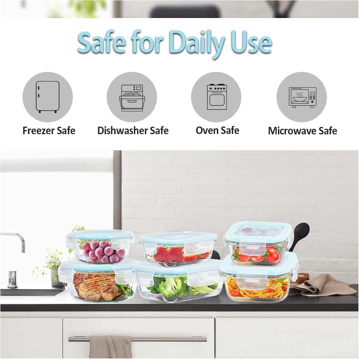Glass Food Storage Containers with Lids Airtight 6 Pack, Glass Storage Containers with Lids for Food, Not Easy Broken & Leak Proof, Oven/Dishwasher Safe, Blue