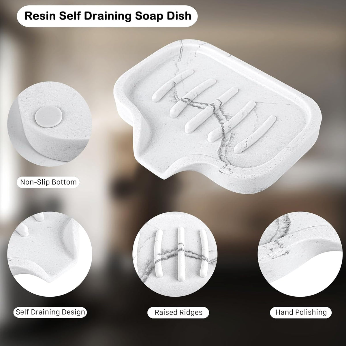 Self Draining Soap Dish- 2 Pcs Bar Soap Holder for Shower, Marble Look Large Soap Savers Soap Tray Sponge Holder for Kitchen Bathroom Bathtub Sink, White
