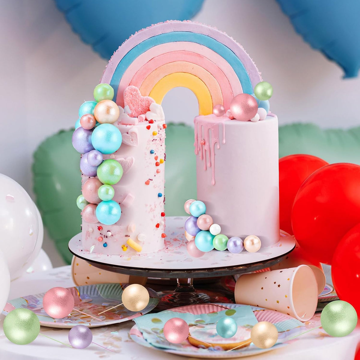 108 Pcs Balls Cake Topper DIY Cupcake Insert Foam Balloons for Cake Baking Wedding Anniversary Birthday Decoration(Gold,Yellow,Green,White,Blue,Purple,Multi Sizes)
