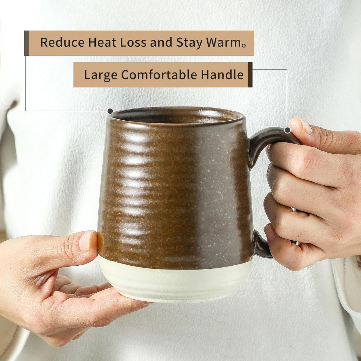 Hasense Coffee Cups Set of 6, 15 oz Stoneware Coffee Mugs with Big Handles, Modern Tea Cup for Indoor and Outdoor for Cocoa, Milk, Tea, Hot Chocolate, Soup, Valentine's Day Gifts, Brown