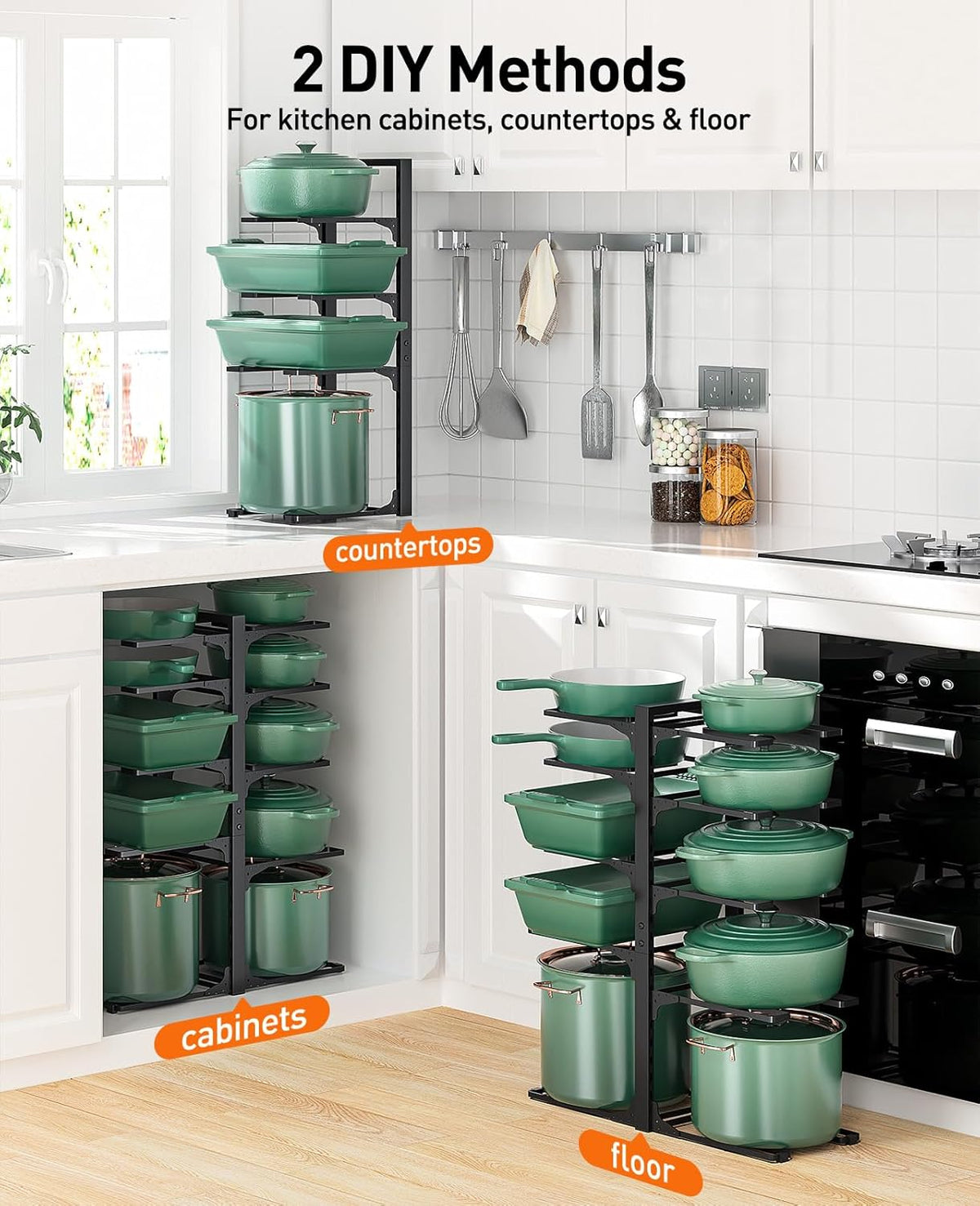 ORDORA 10-Tier Pots and Pans Organizer under Cabinet, Kitchen Cabinet Organizers and Storage, Heavy Duty Pots and Pan Storage Rack Organizer inside Cabinet, Adjustable