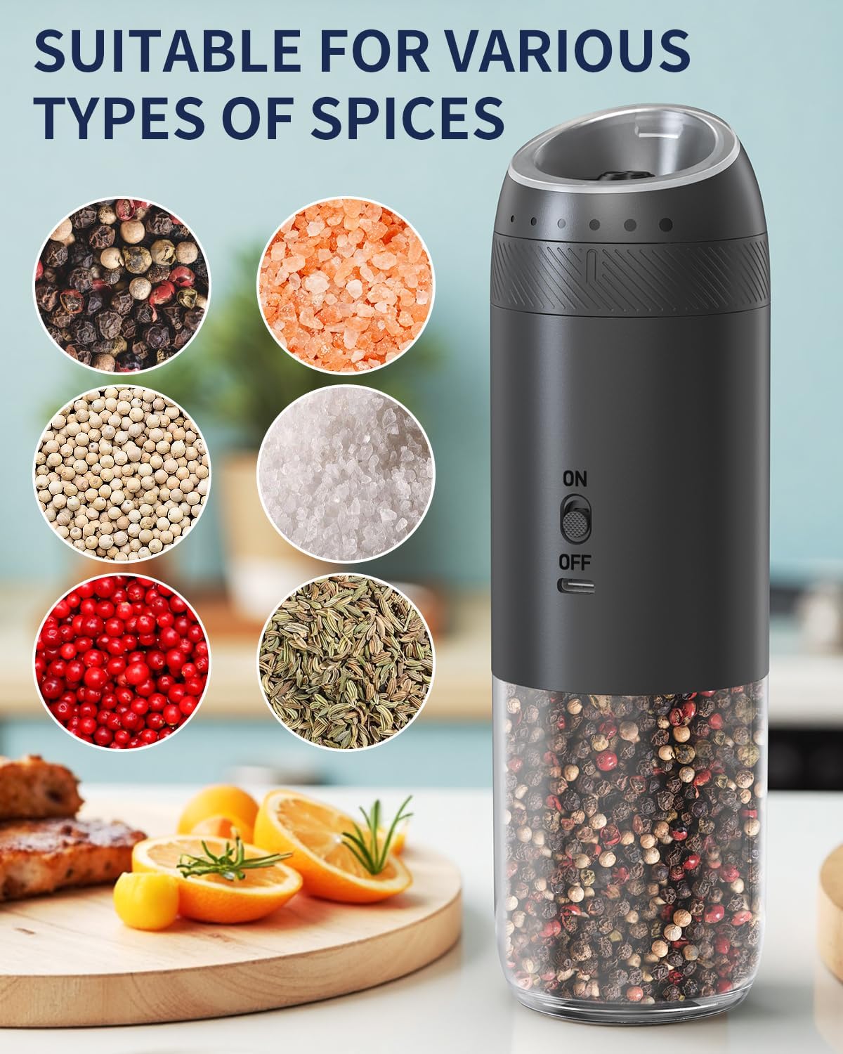 CIRCLE JOY Gravity Electric Salt and Pepper Grinder Set Rechargeable Automatic Pepper Mill Grinders with 176ml Container, External Adjustable Coarseness, Bright LED Light and One Hand Operation, Black