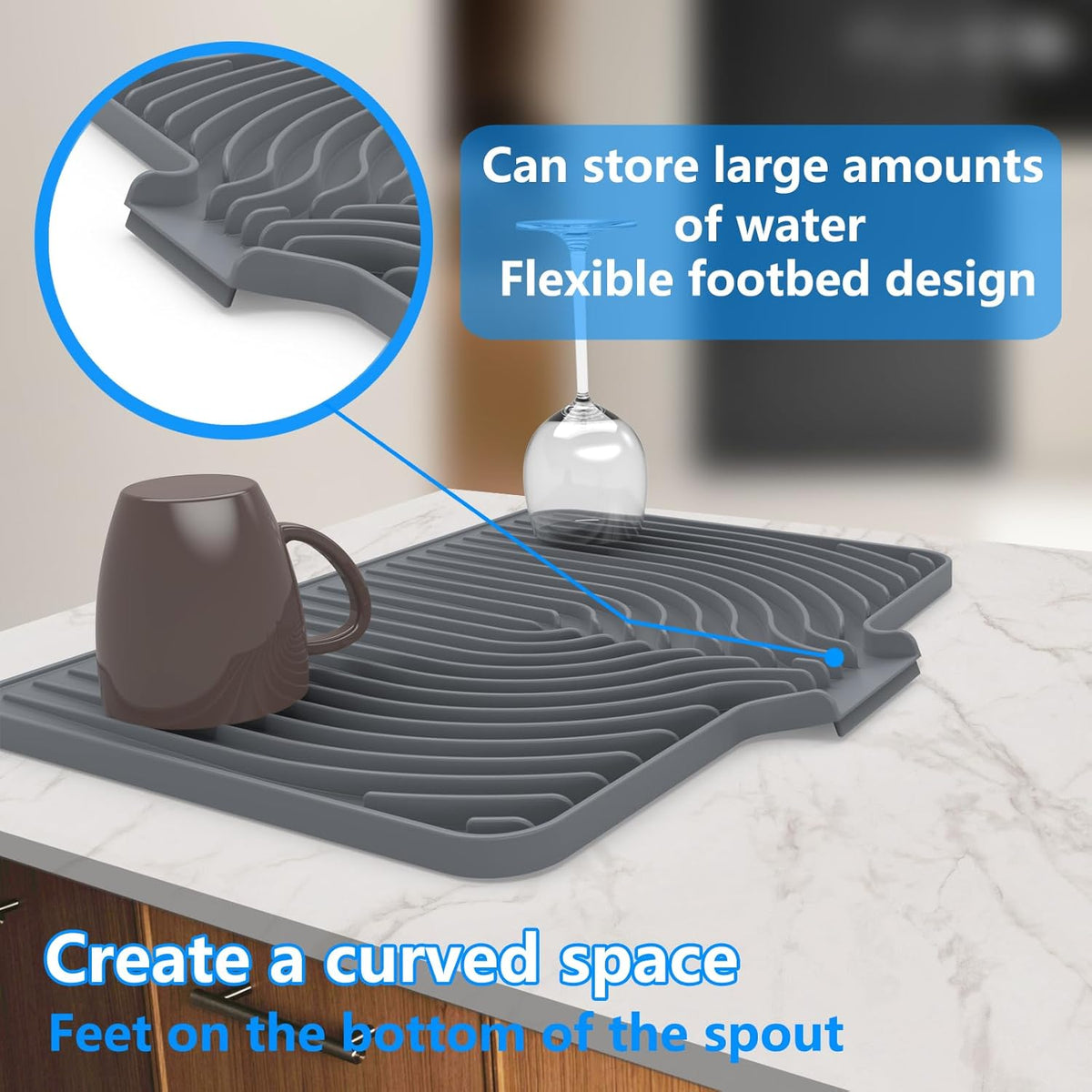 Dish Drying Matt for Kitchen Counter,18"×12"Silicone Dry Rack Mat with Built in Drain, Kitchen Dry Mats for Dishes Drying Pad for Counter(gray)