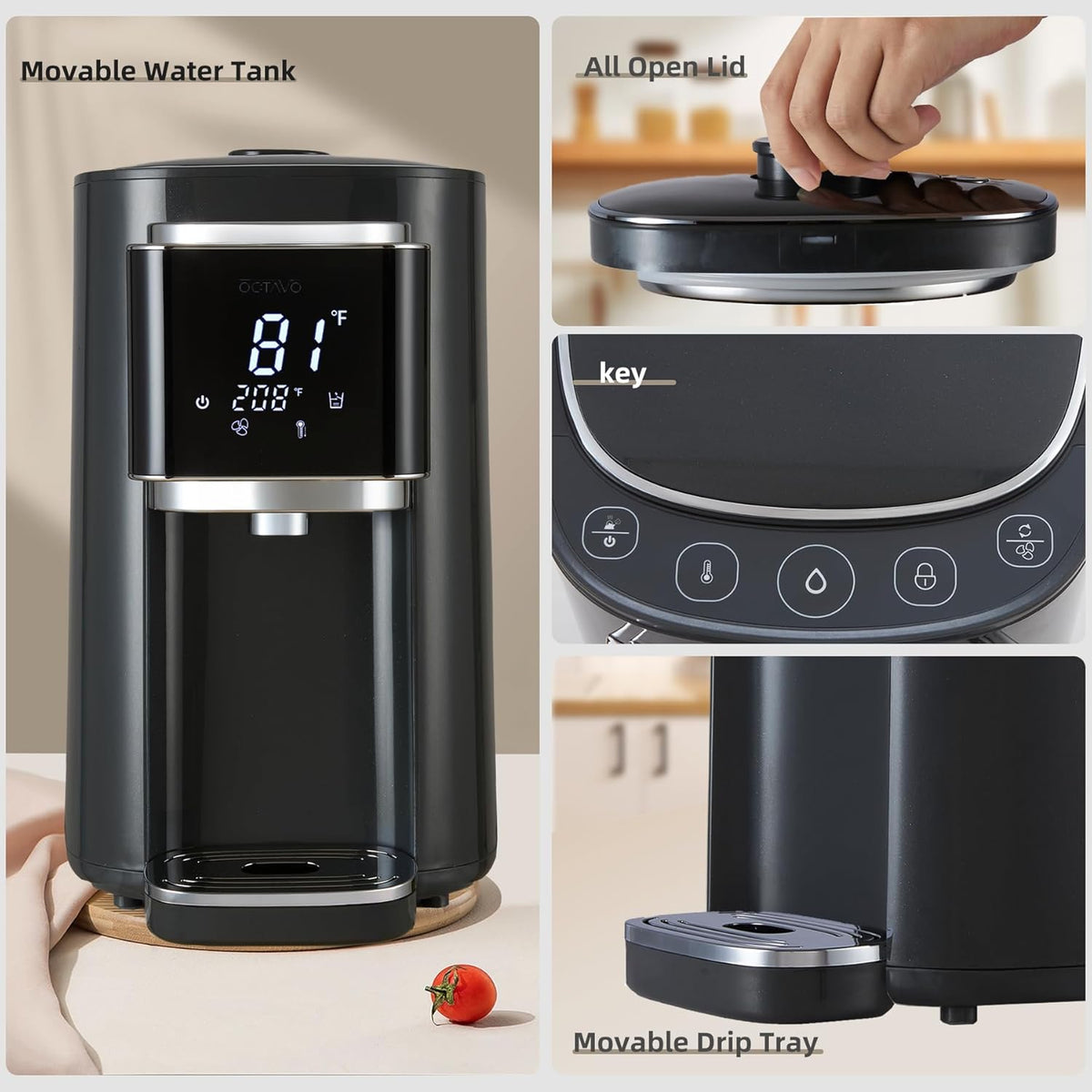 OCTAVO Water Boiler & Warmer 5 Liter, 304 Stainless Steel Water Tank, 700 Watt 6 Adjustable Water Temperature, LCD Touch Control Screen, Child Lock with Water Shortage Indicator