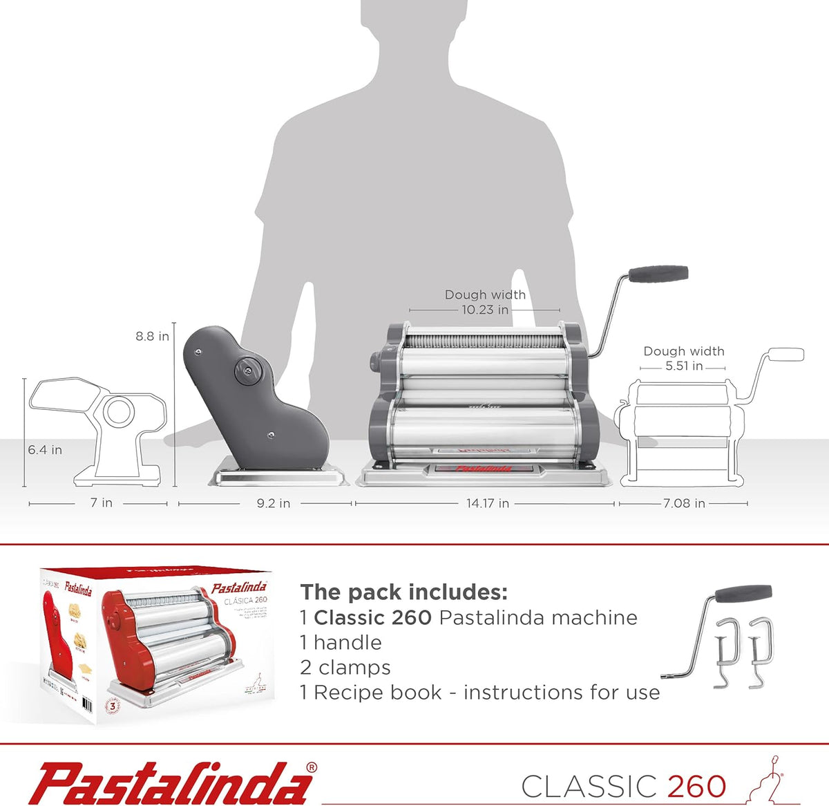 PASTALINDA Classic 260 Pasta Maker Machine, 26 cm Wide Rollers, 9 Thickness Positions, 2 Cutting Positions, Stainless Steel. Includes Reinforced Hand Crank And Two Clamps (Gray)