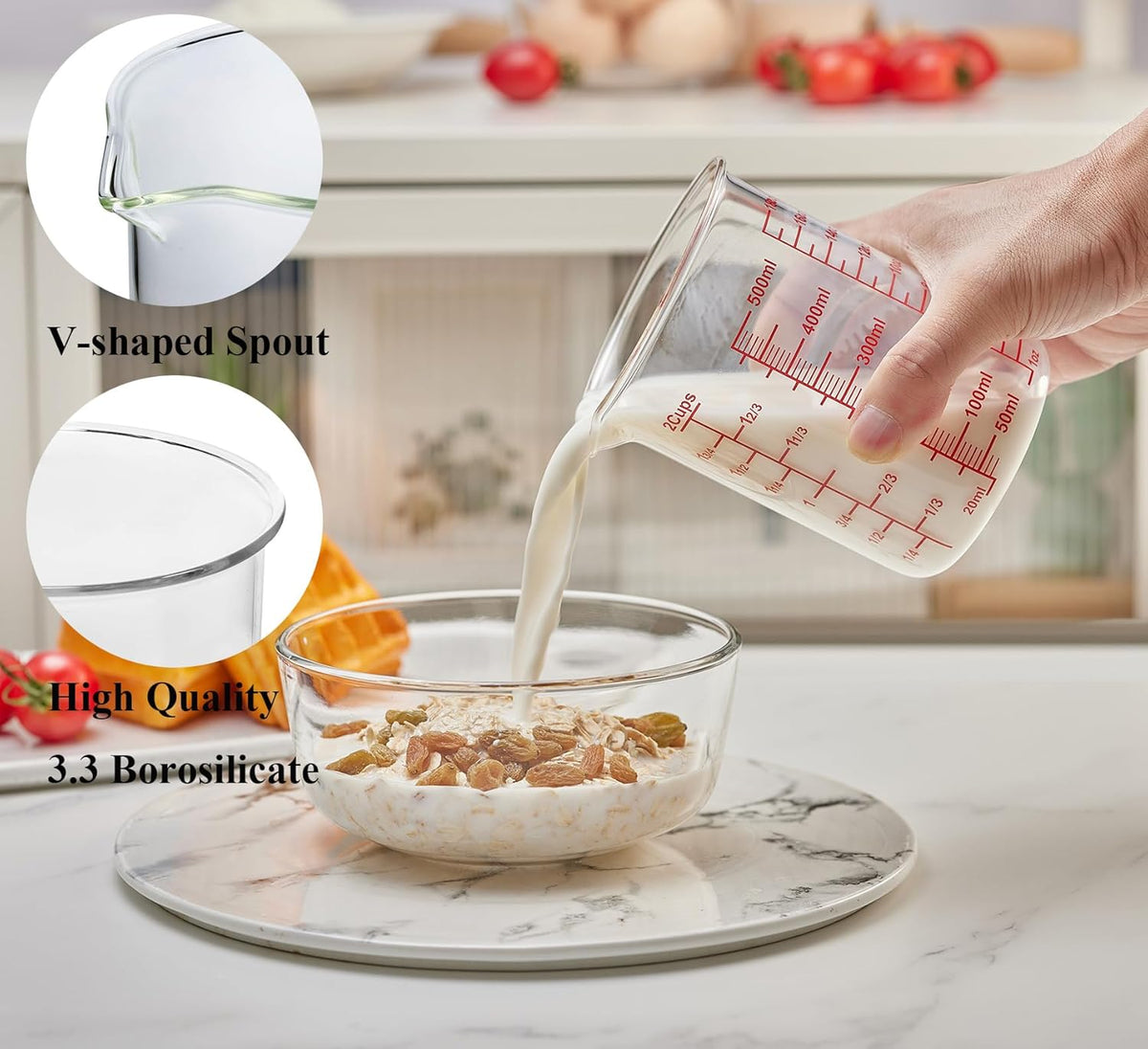 High Borosilicate Glass Measuring Cup Set-V-Shaped Spout，Includes 250ml(8OZ), 500ml(16OZ), and 1000ml(32OZ) Glass Measuring Beaker for Kitchen or Restaurant, Easy to Read