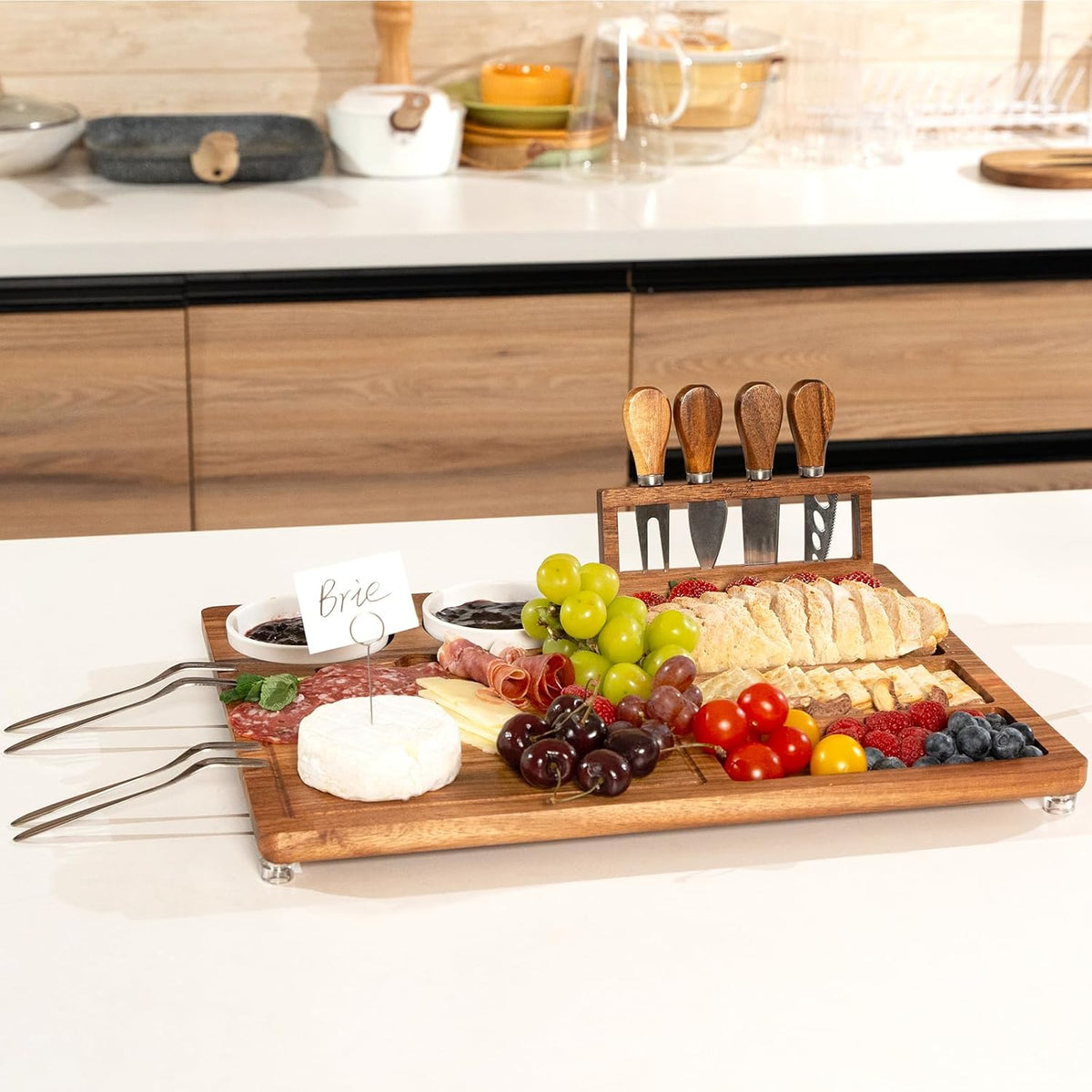 eleganlife Charcuterie Boards Set with Knives, Acacia Cheese Board Large, Charcuterie Platters with Compartments, Serving Boards Gifts for Wedding, Birthday and Housewarming Party