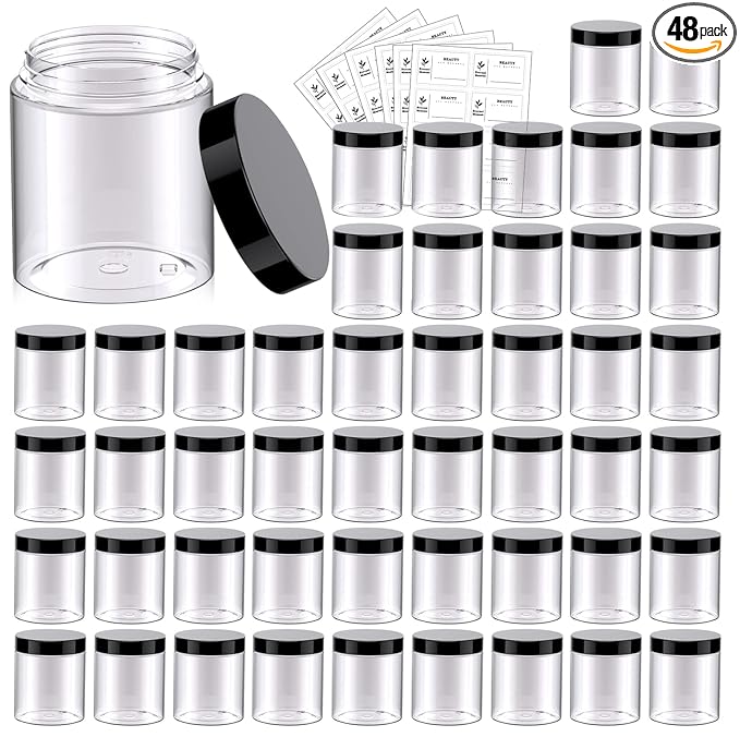 48 Pack 8 OZ Plastic Jars Round Clear Cosmetic Container Jars with Lids, Eternal Moment Plastic Slime Jars for Lotion, Cream, Ointments, Makeup, Eye shadow, Rhinestone, Samples, Pot, Travel Storage