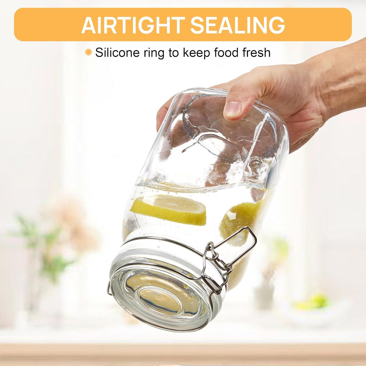 CHEFSTORY 50oz Airtight Glass Jars with Lids, 3 PCS Food Storage Canister for Kitchen & Pantry Organization, Square Mason Jar Containers for Storing Sugar, Flour, Cereal,Coffee,Cookies
