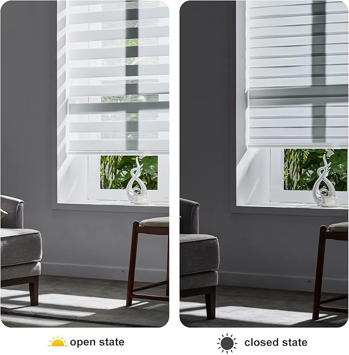 Persilux Cordless Zebra Roller Window Shades Free-Stop Roller Blinds (36" W X 64" H, White) Light Control for Day and Night, Light Filtering Sheer Roler Shades for Windows, Easy to Install