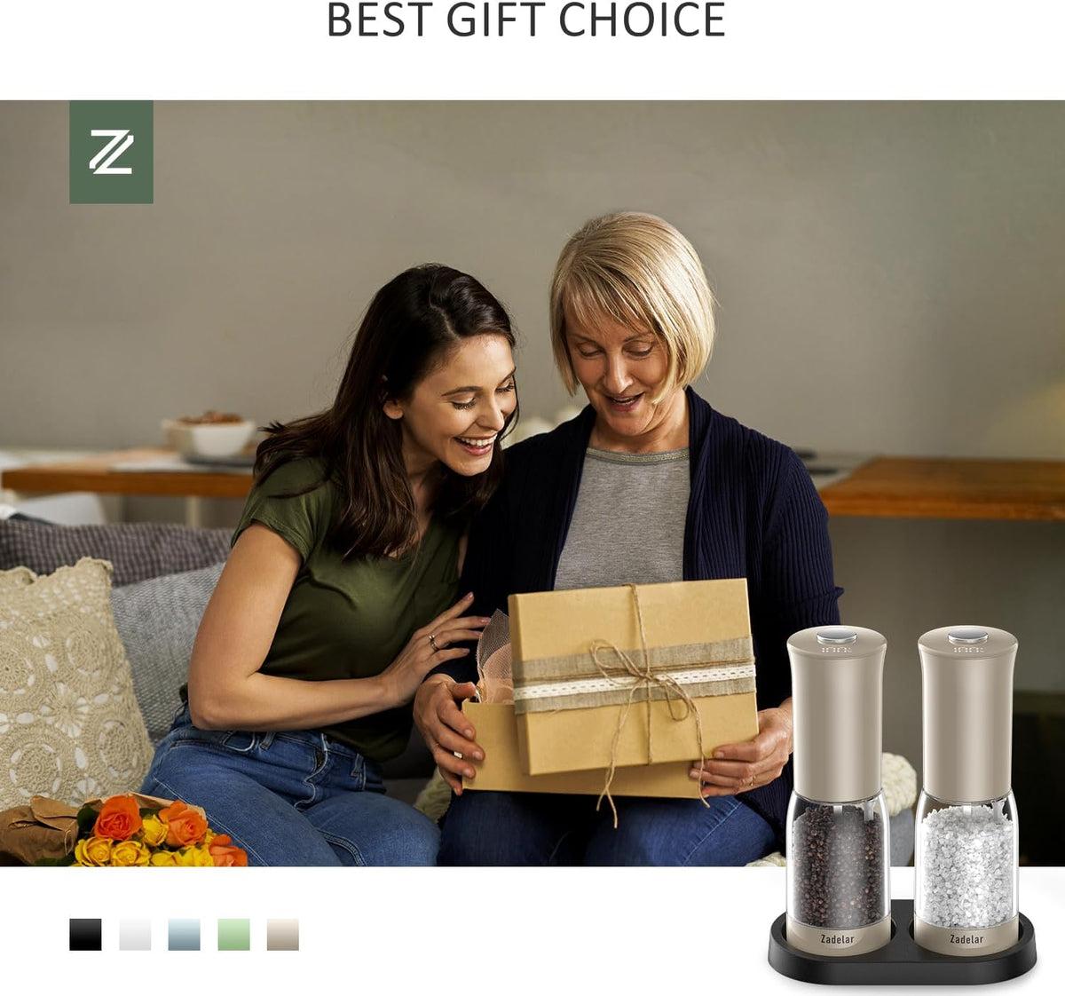 Electric Salt and Pepper Grinder Set with LED Power Display,Larger Capacity Salt and Pepper Shakers Set Rechargeable Electric with Flexible Coarsenes,LED Light,One Hand Operation for Kitchen(Khaki)