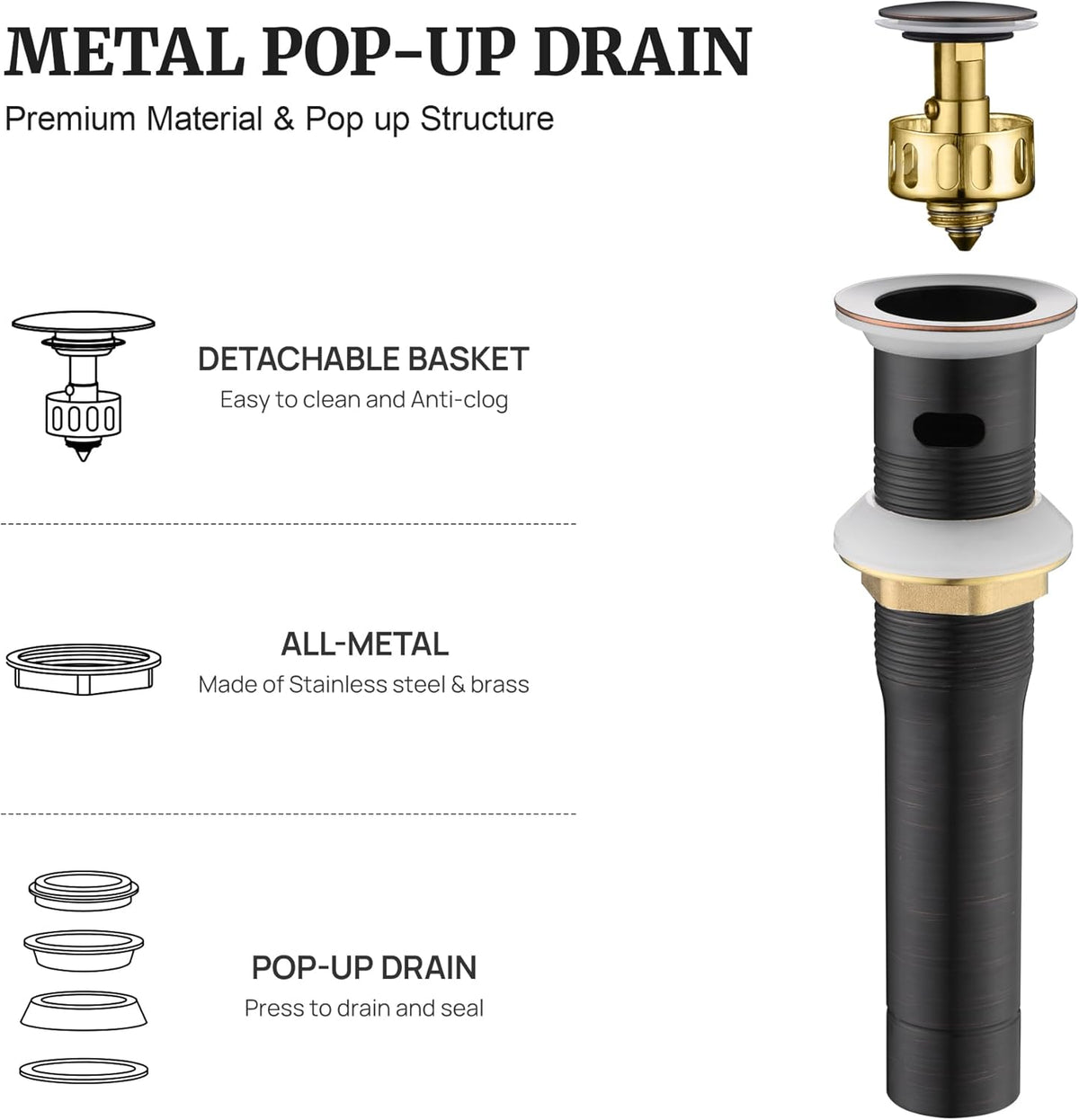 Pop up Sink Drain Stopper for Bathroom Vessel Vanity Sink Art Basin Oil Rubbed Bronze, Small Cap with Overflow, Metal Pop-up Drain Strainer with Detachable Basket Stopper