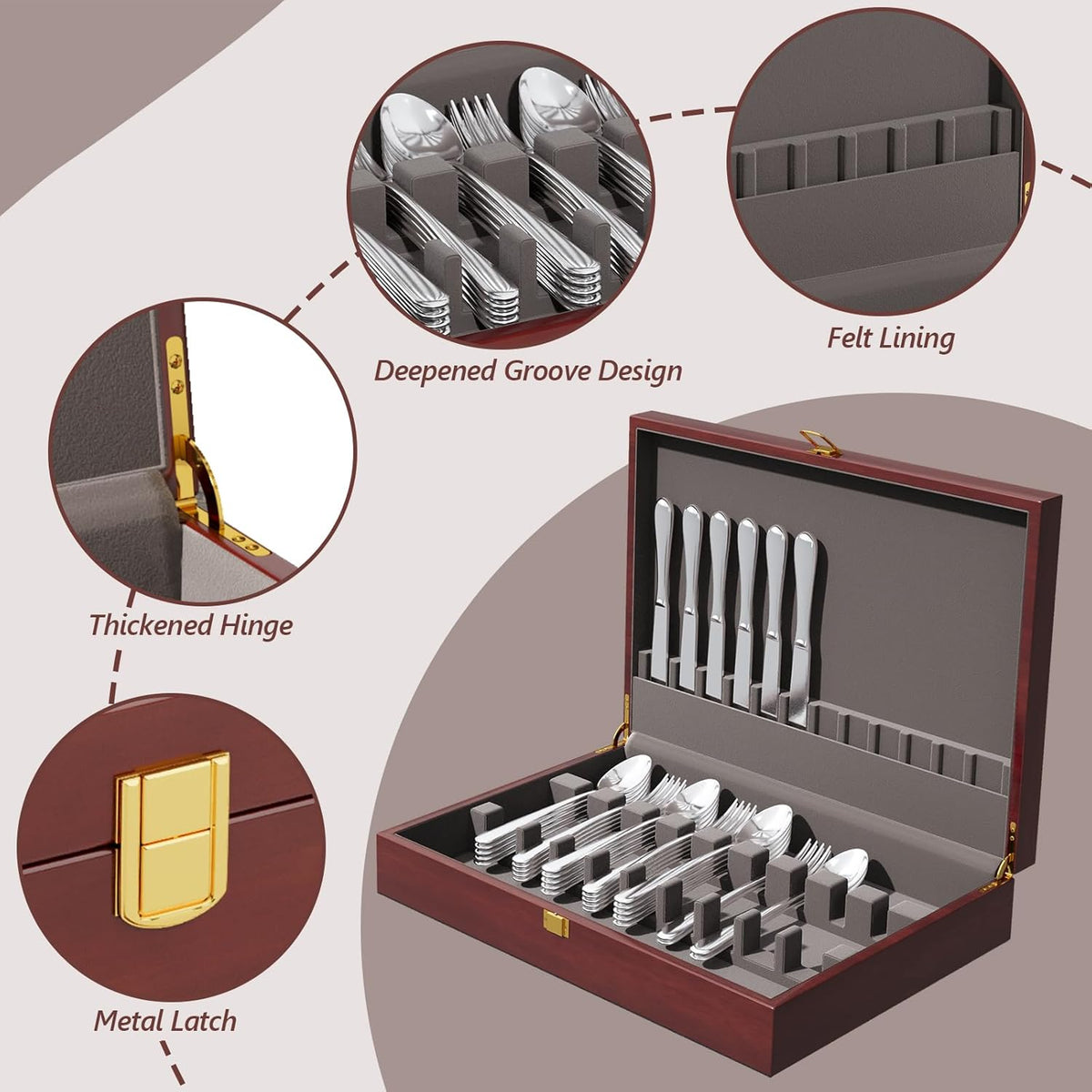 Mahogany Wood Silverware Storage Box,Silverware Case Flatware Chest with Felt Lined,Flatware Storage Box for 12 sets of Utensils,Silverware Chest without Silverware,Silverware Organizer with Lid