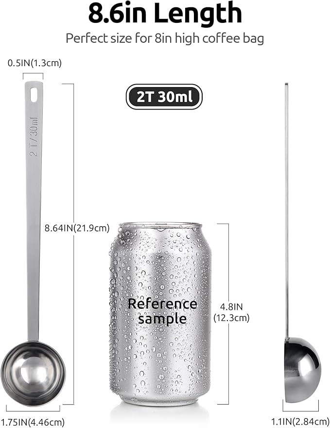 U-Taste Coffee Scoop 2 Tablespoon: 18/8 Stainless Steel Measuring Scooper for Ground Coffee, Bean, Powder, Espresso, 6.9in Long Handle Metal Meaure Spoon for Canister, Jar (2Tbsp/30ml, Silver)