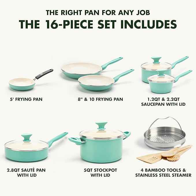 GreenPan Rio Healthy Ceramic Nonstick 16 Piece Cookware Pots and Pans Set, PFAS-Free, Dishwasher Safe, Turquoise