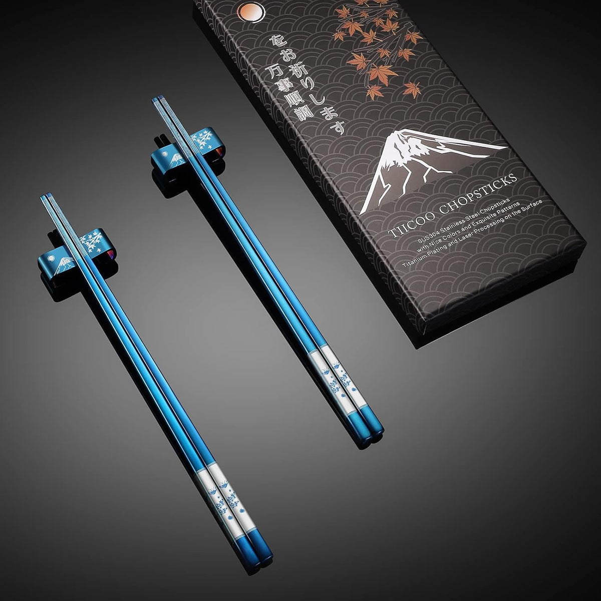 Metal Chopsticks Reusable 2 Pairs Titanium Plated 18/8 Stainless Steel Chopsticks with Holder, Dishwasher Safe Non-Slip Japanese Style Laser Engraved Chop Sticks Gift Set (Blue)