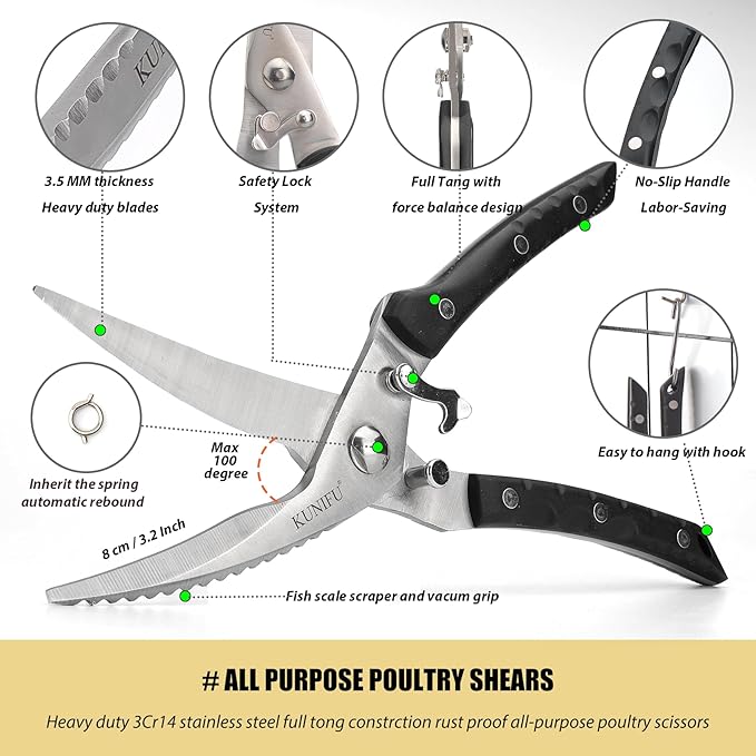 KUNIFU Poultry Shears, All Purpose Heavy Duty Kitchen Scissors For Food Turkey Meat Chicken Herbs, Cooking Scissors Utensils, Kitchen Gadgets Black