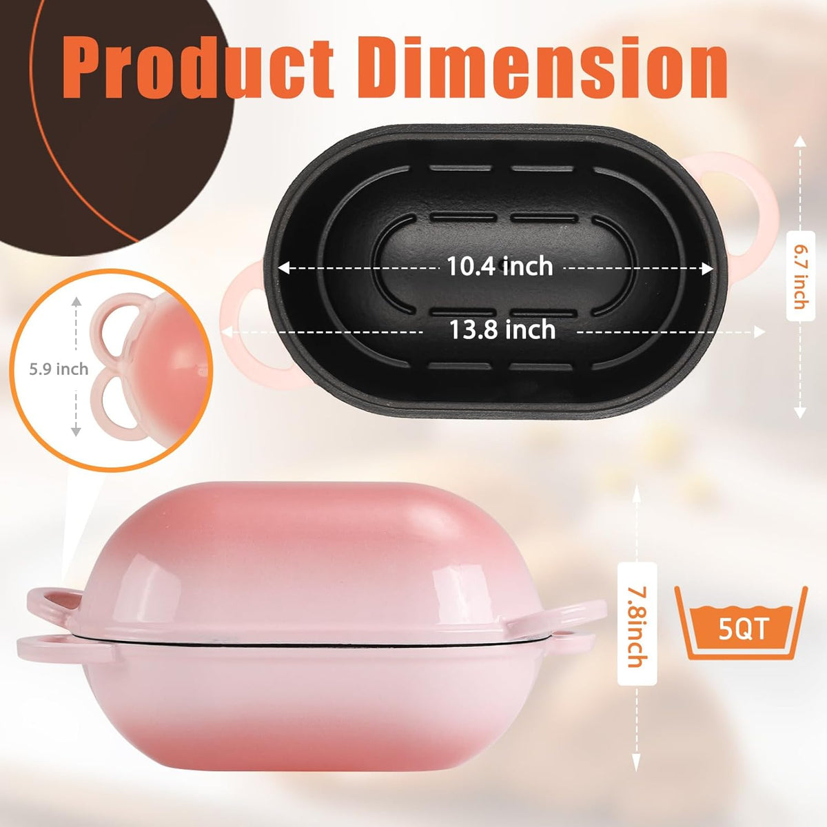 Enameled Cast Iron Bread Oven, 5QT Loaf Cast Iron Bread Pan with Lid, Oval Dutch Oven for Homemade Bread Baking (Gradient Pink)