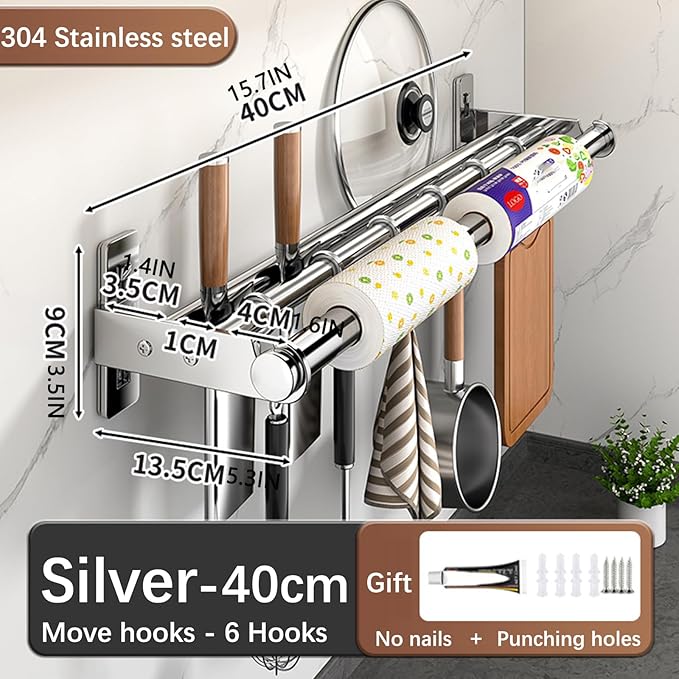 Hanging Wall Mount knife Wall Mount, Kitchen Organizer Storage Shelf for Utensils Spatula Spoon, Space-Saving Knife Rack with Hooks,Wall-Mounted Utensil Holder (Silver, 40CM+Three Poles+6Hooks)