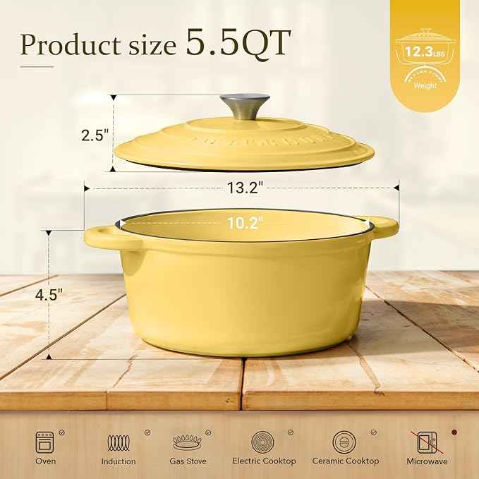 Overmont Enameled Cast Iron Dutch Oven - 5.5QT Pot with Lid Cookbook & Cotton Potholders - Heavy-Duty Cookware for Braising, Stews, Roasting, Bread Baking Goose Yellow