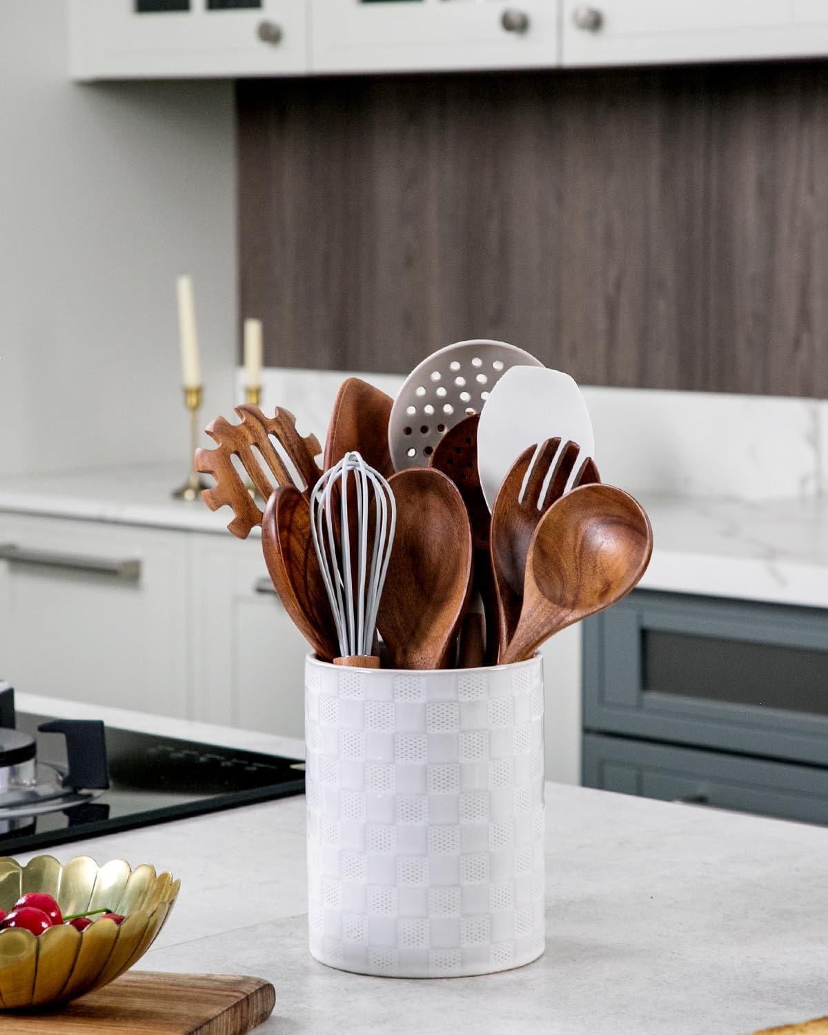 Nucookery 6.4'' Utensil Holder - Ceramic Utensil Holder for Kitchen Counter, Large Capacity Countertop Storage, Farmhouse Style Utensil Crock Organizer for Spoons, Spatulas & Cooking Tools