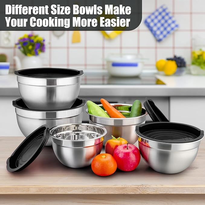 P&P CHEF Mixing Bowls with Airtight Lids Set of 5, 10-Piece Stainless Steel Mixing Nesting Bowl, Metal Bowl with Lid for Kitchen Prepping & Storing, Size 4.6, 3, 1.5, 1, 0.7 QT, Black