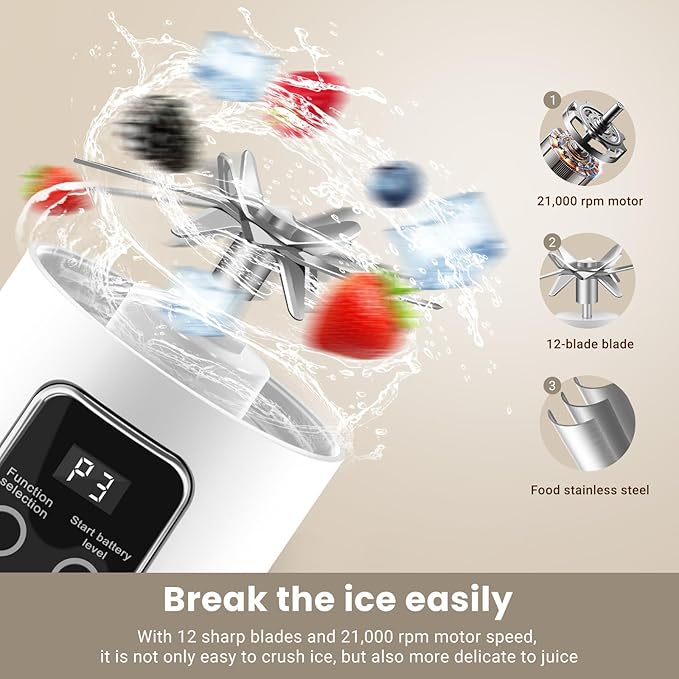 Portable Blender Personal Electric USB，500ML Portable juicer Shakes and Smoothies Blender，Small Blenders，Mixing，Compact、Convenient and Versatile (White)
