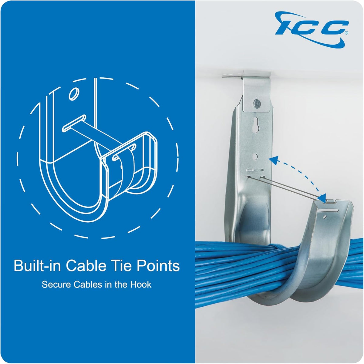 ICC Ceiling Mount J Hook 3/4” Without Retainer Clip - Galvanized Steel Cable Management Hooks for Hanging Cable - Rust-Resistant, EIA and TIA Compliant - 3/4 Inch 25 Pack