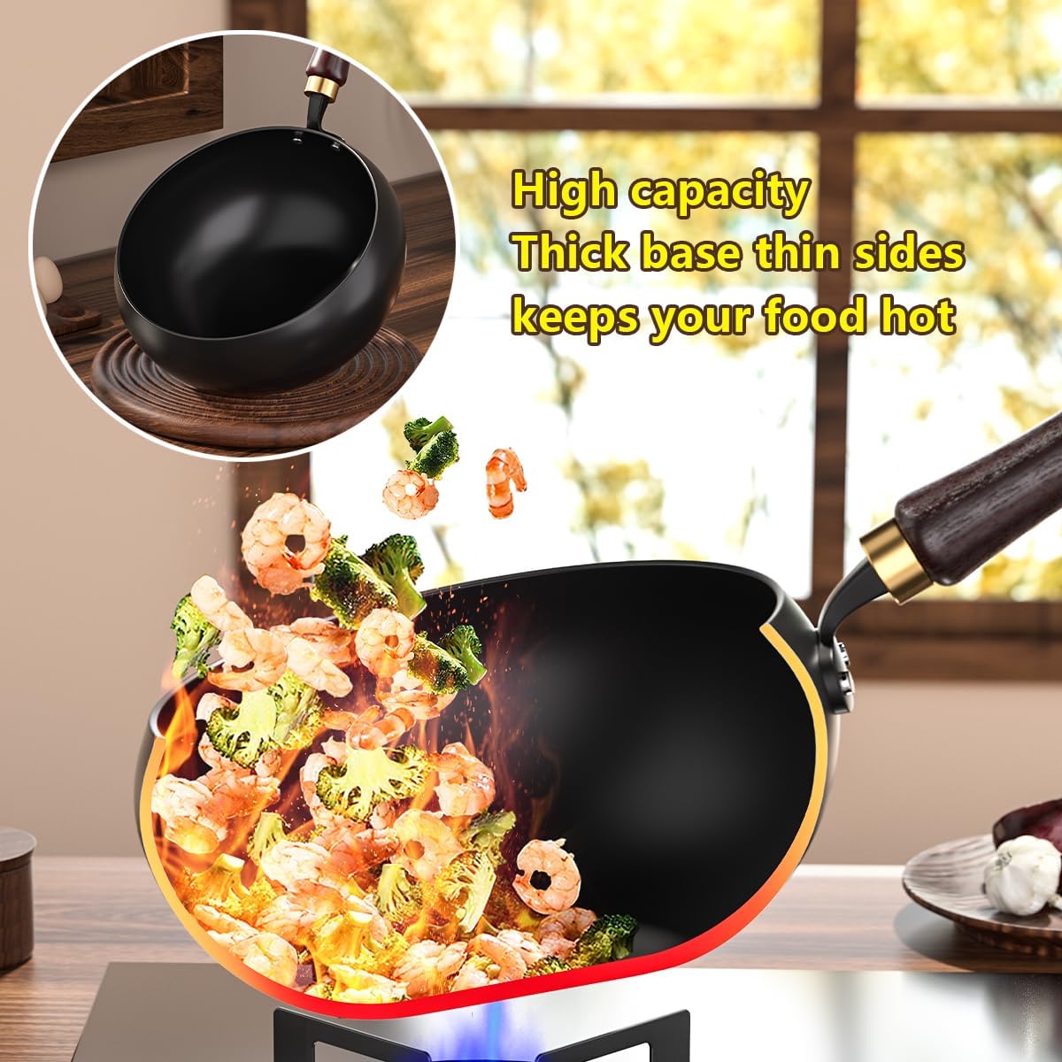 Carbon Steel Wok, Nitrided Pan Body, Even Heat Distribution Without Coating, Multi-Functional Pan, Suitable for Induction Cooktops, Ovens, and Any Stove, Includes Lid and Wooden Handle