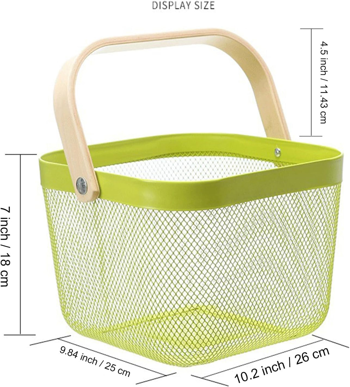 Metal Mesh Steel Basket, Storage Organizer Basket Multi-functional Hanging Kitchen Baskets Fruit Basket with Wooden Handle for Kitchen Bathroom Picnic Shopping Decor Cabinet Home, Macaron Green