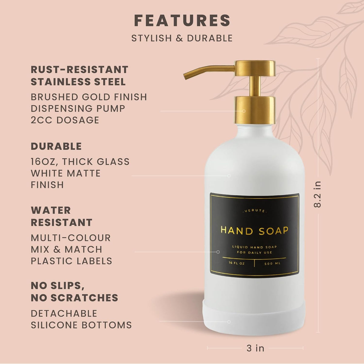 16oz Glass Soap Dispenser with Stainless Steel Pump, 21 Waterproof Labels, Non-Slip Protective Silicone Pad, Set of 2 for Bathroom & Kitchen (Matte White Bottle/Brushed Gold Pump)