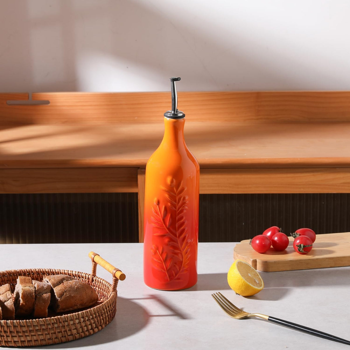 Sweejar Large Olive Oil Dispenser Bottle with Spout, 24 Oz Ceramic Oil Dispenser for Kitchen, Relief Opaque Cruet, Container for Cooking, EVOO, Vinegar, Pack of 1 (GradientOrange)