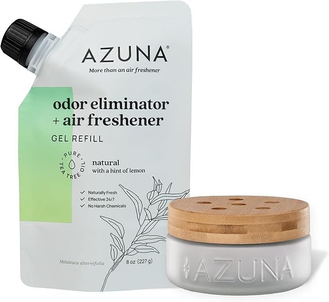 Azuna Air Freshener & Odor Eliminator for Strong Odor | 1 Room Kit Includes (1) Empty Luxe Glass Jar & 8oz Refill with Tea Tree Essential Oil Gel | Natural Scent | Last 60-90 Days