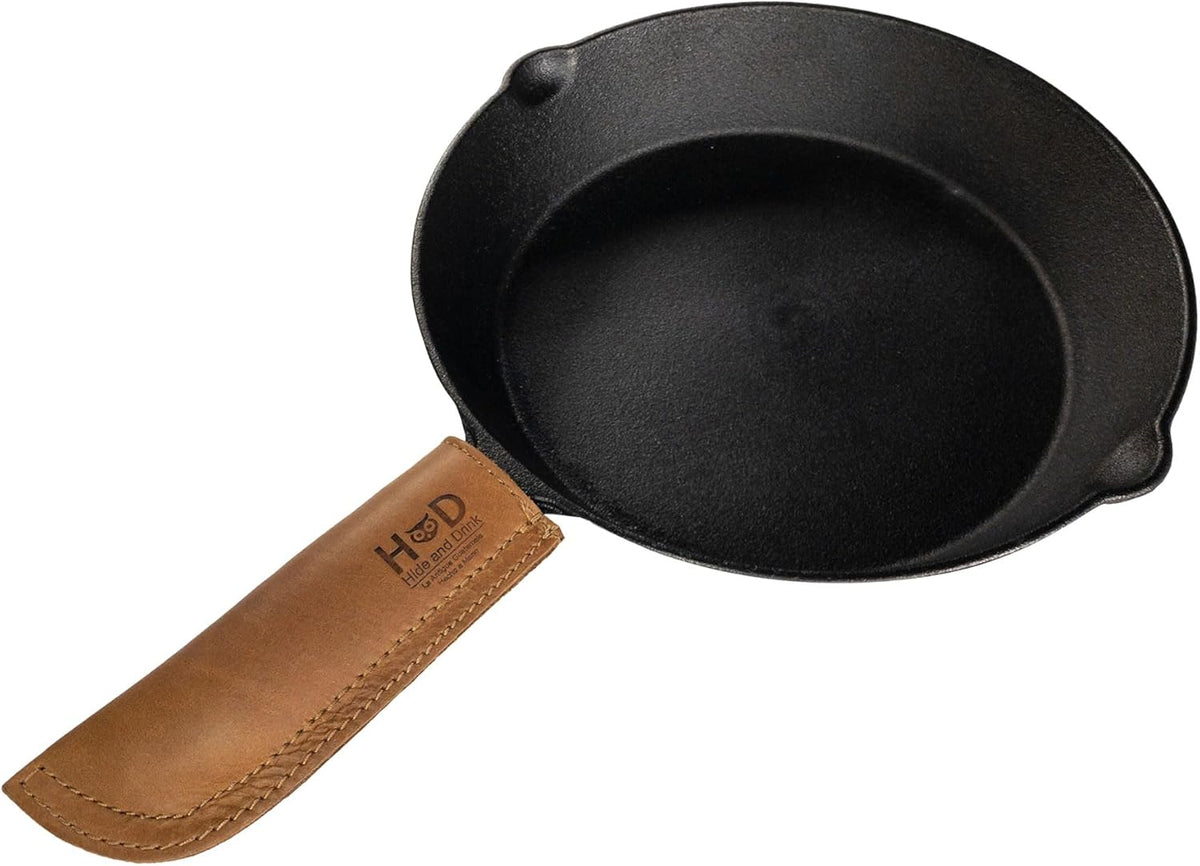 Hide & Drink, Hot Handle, Cast Iron Protector, Panhandle Potholder, Double Layered, Double Stitched, Slides On/Off Easily onto Metal Skillet Grips, Full Grain Leather, Handmade (Cafe Con Leche)